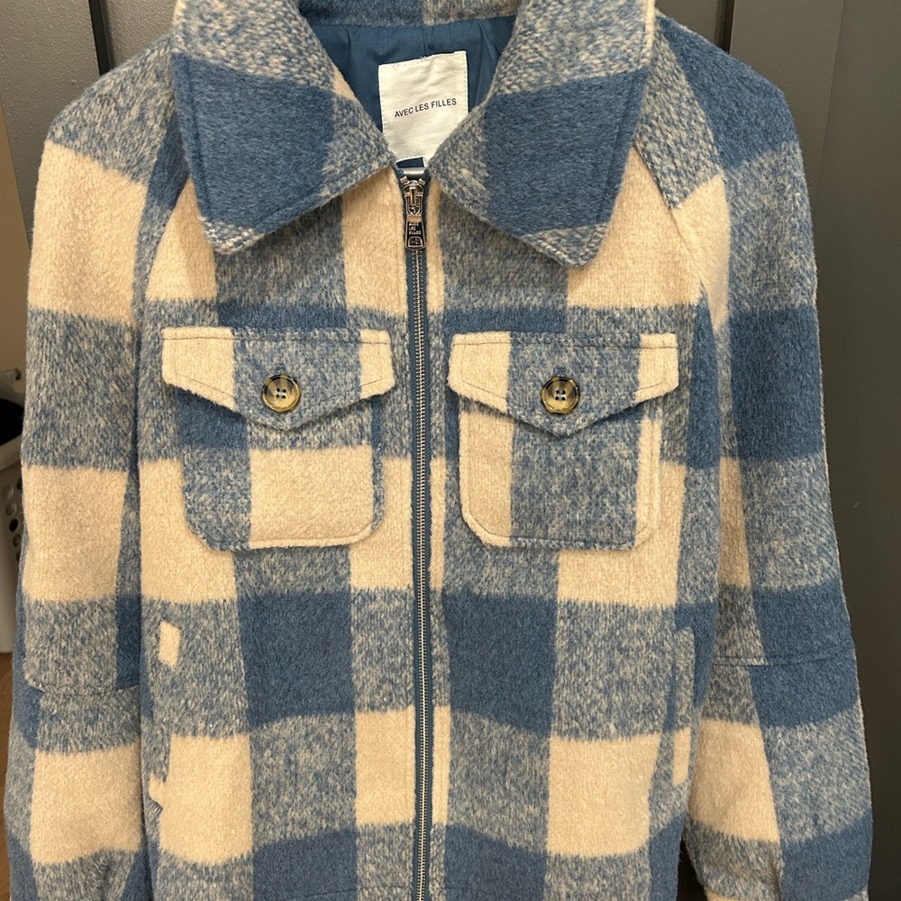 Women’s Blue and Cream Checkered Wool Shacket